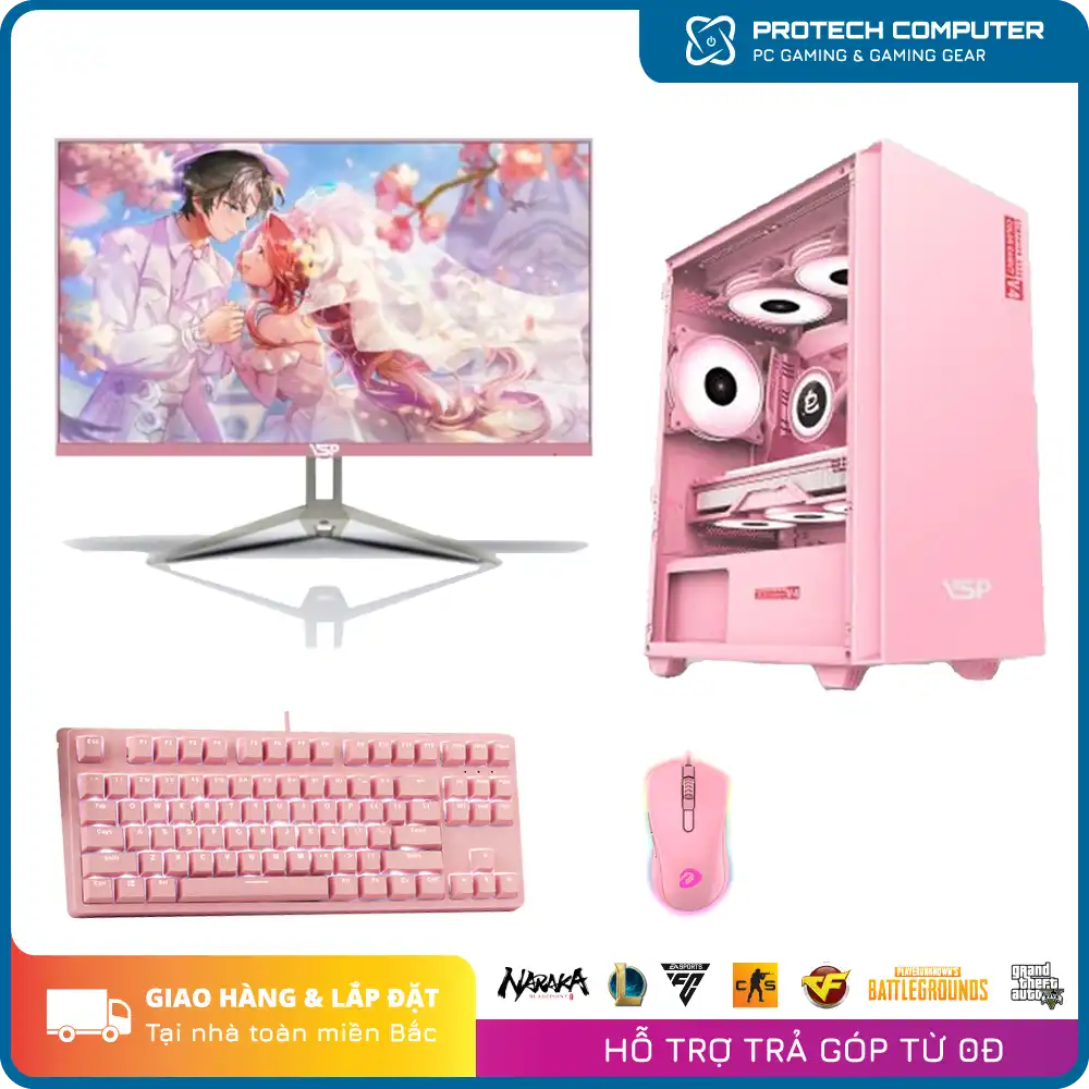 PC Gaming hồng #113 (i3 12100F | Ram 8Gb | VGA GTX 1660 6Gb | SSD 240Gb | Main H610M | Nguồn 500W | Vỏ VSP Pink | Màn VSP 27inch Pink)